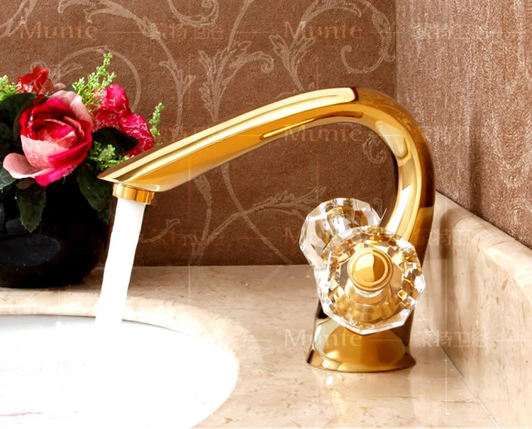 Luxury Double Crystal Glass Handle Gold Bathroom Lavatory Basin Sink Mixer Tap Hot And Cold Water Tap Brass Valve Chrome Faucet