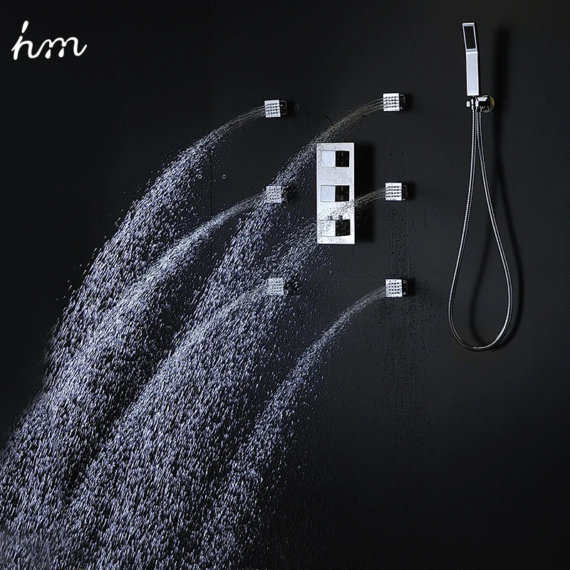 Imagem -02 - Sistema de Chuveiro de Chuva do Banheiro hm Conjunto 20 Polegada Misty Rainfall Shower Head Painel Escondido Diverter Mixer Massagem Body Jet Faucet