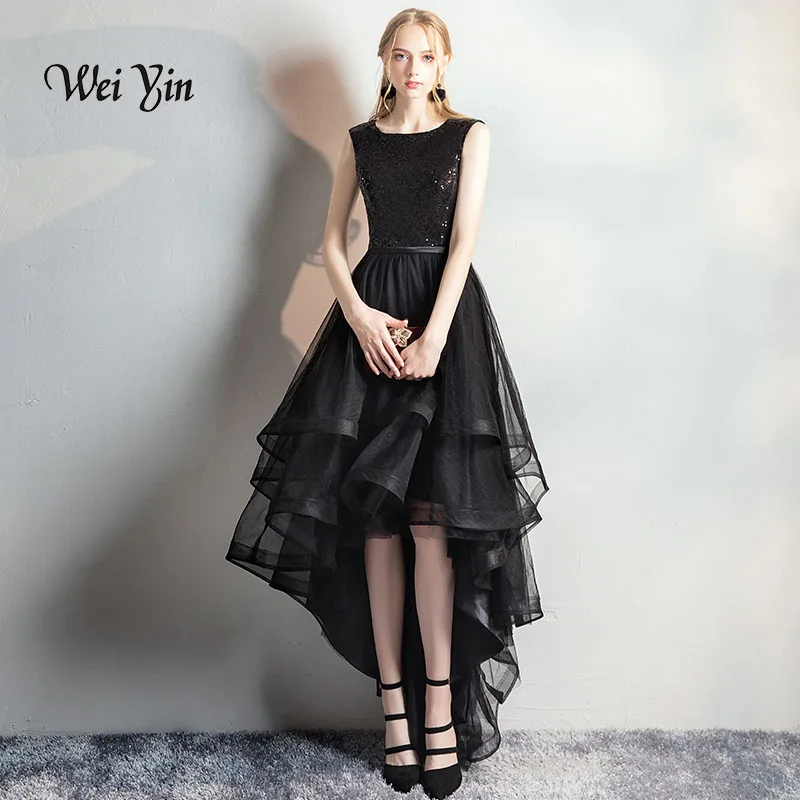 

weiyin Robe de soiree Black Elegant O-Neck Short Front Long Back Evening Dresses Sequined Banquet Party Prom Dress WY839