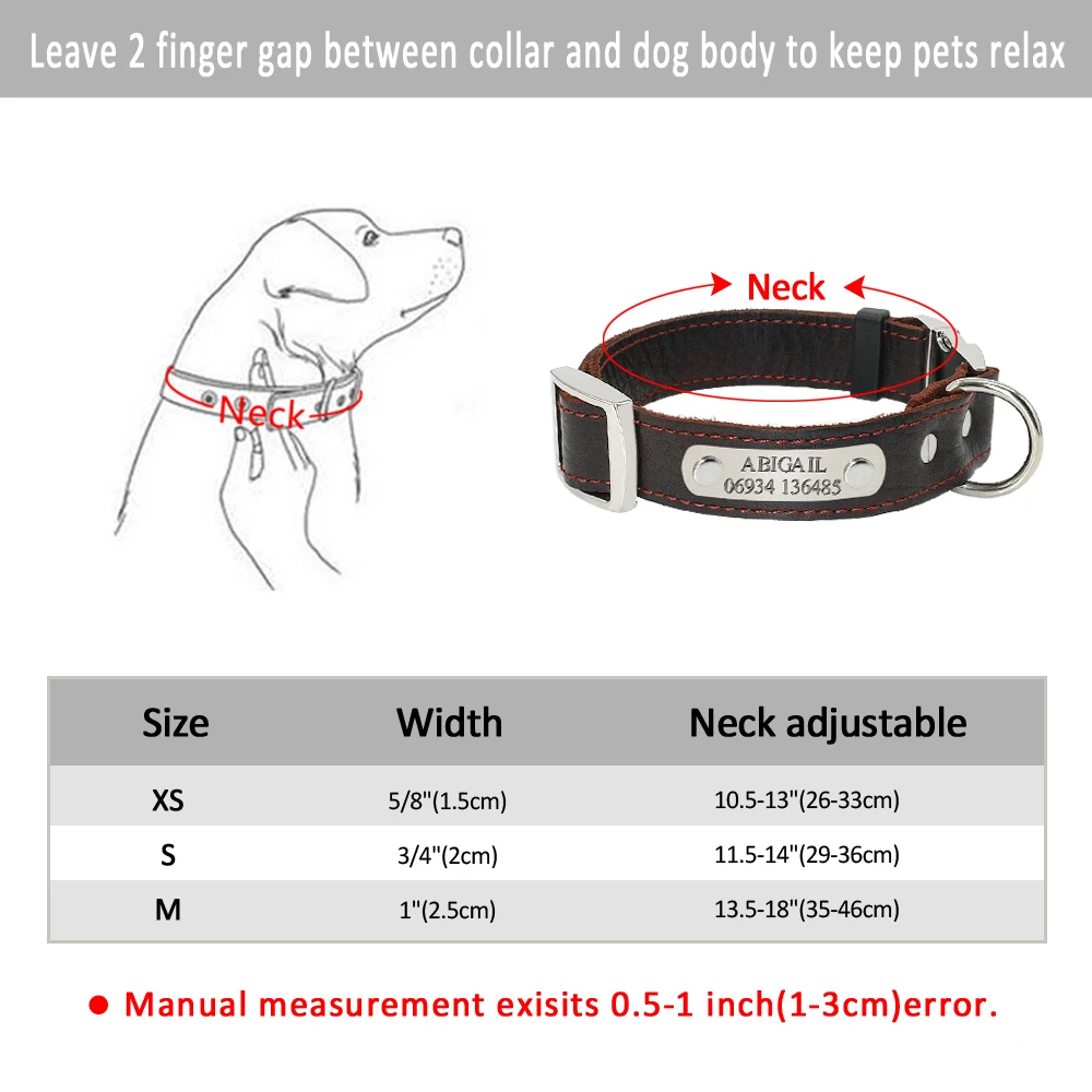 Customized Dog Collars Genuine Leather Dog Puppy Nameplate Collar Adjustable Free Engraved Pet ID Tags For Small Medium Dogs