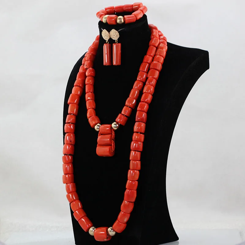 2018 New Big Real Coral Bead Traditional Nigerian Wedding African Coral Beads Jewelry Set Women Statement Jewelry Set ABH798