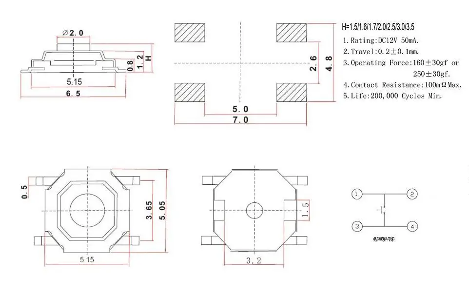 10PCS 4*4*5mm 4x4x 5MM 4X4X5mm Tactile Push Button Switch Tact 4 Pin Switch Micro Switch SMD