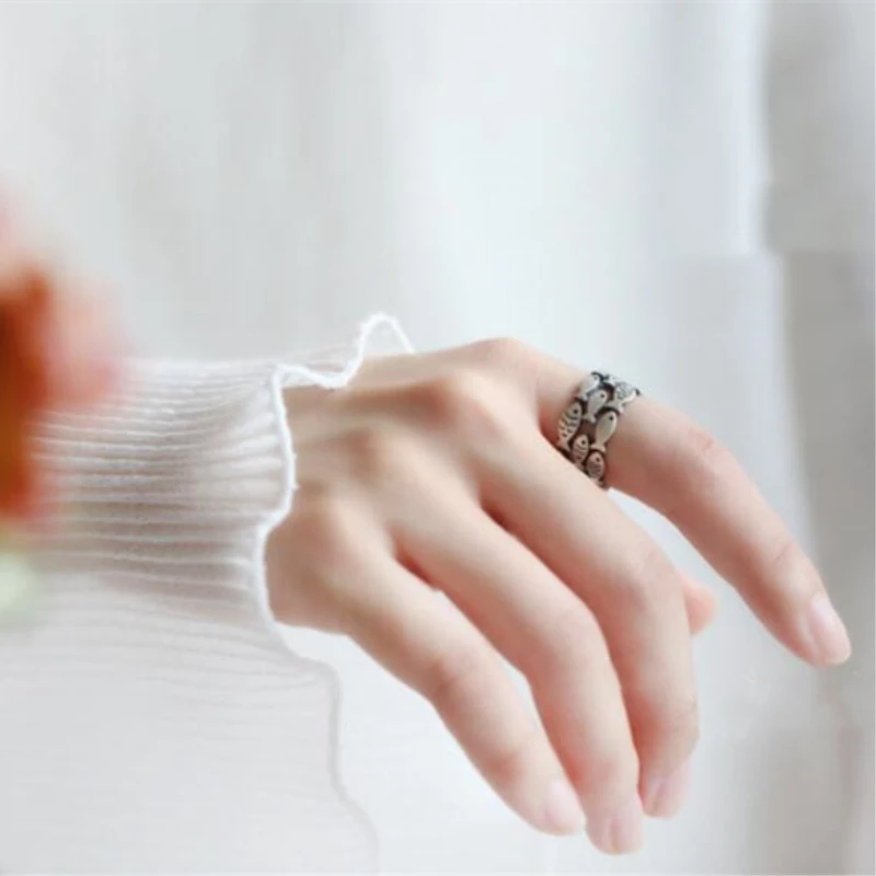 Fish Cute Gift Silver Color Temperament Personality Fashion Female Trendy Resizable Opening Rings SRI002