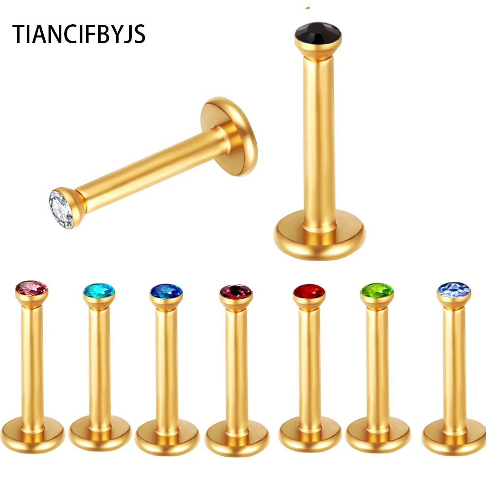 TIANCIFBYJS Internally Threaded Gem Labret Lip Bar Ring Body Piercing Jewellery Gold Rinbow Black Silver Lip Tragus ear