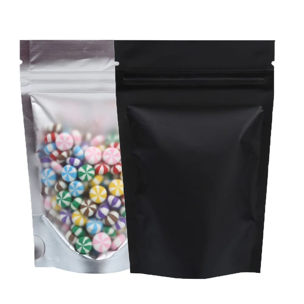 100pcs Metallic Stand Up Doypack, Clear Window Reusable Smell Proof Bag Food Storage Package Aluminum Foil Mylar Pouch