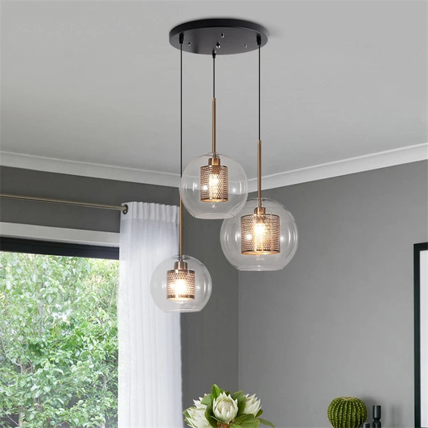 

Nordic Restaurant Three-head Pendant Lights Loft Living Room Table Hanging Glass Lamps Bar Cafe Round Bottle Deco Fixtures