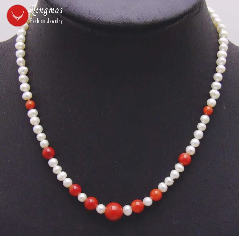 Qingmos  5mm Round Natural White Pearl Necklace for Women Jewelry with 6-8mm Red Coral Pendant Necklace 17