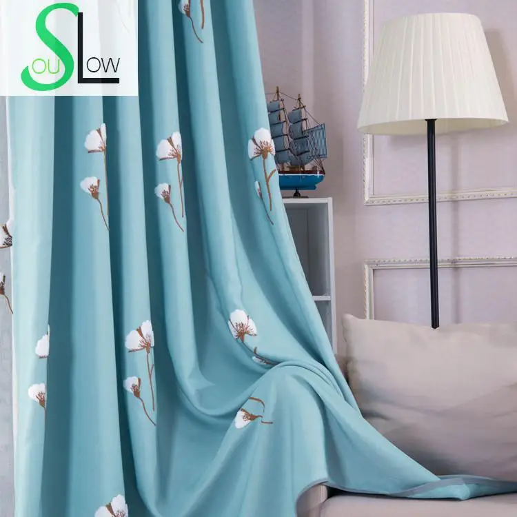 

Slow Soul Blue Light Brown Curtains American Village Living Room Bedroom Embroidered Floral Tulle Curtain For Cortinas Kitchen