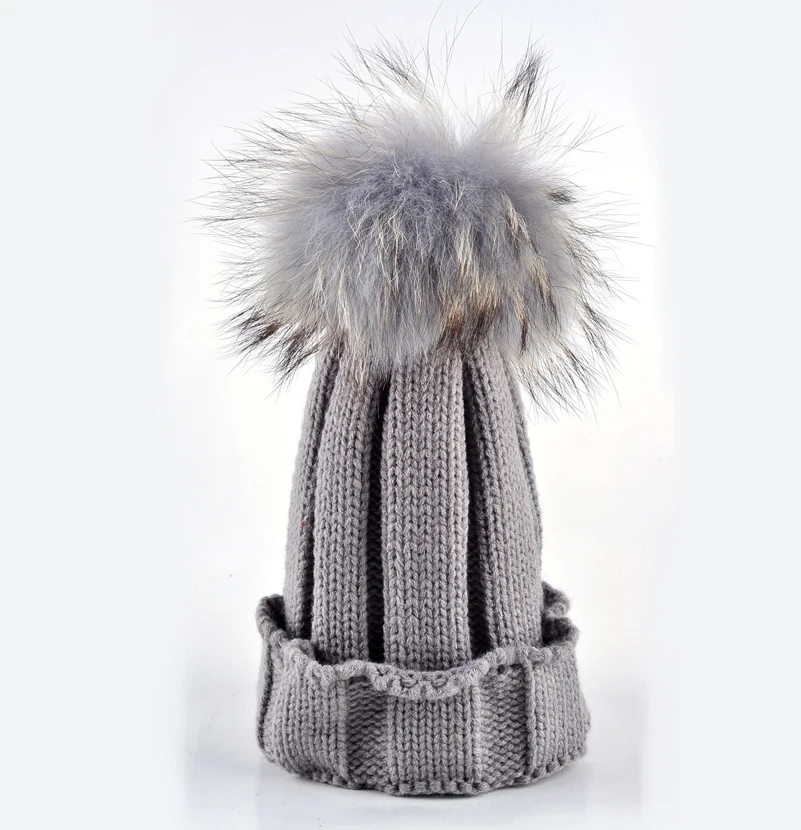 New fashion womens winter warm beanie hat cap female fur pompom ball knitted beanies wool caps raccoon fur hats for women