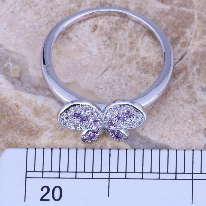 Flawless White CZ Purple Cubic Zirconia Silver Plated  Women's Jewelry Butterfly Ring Size 6 / 7 / 8 / 9 R0486