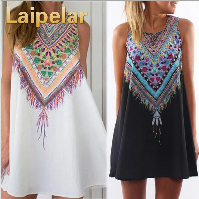 

Laipelar New Women's Fashion Print Summer Casual Party Mini Dress Beach Style Elegant Flower Lady Sleeveless Dress