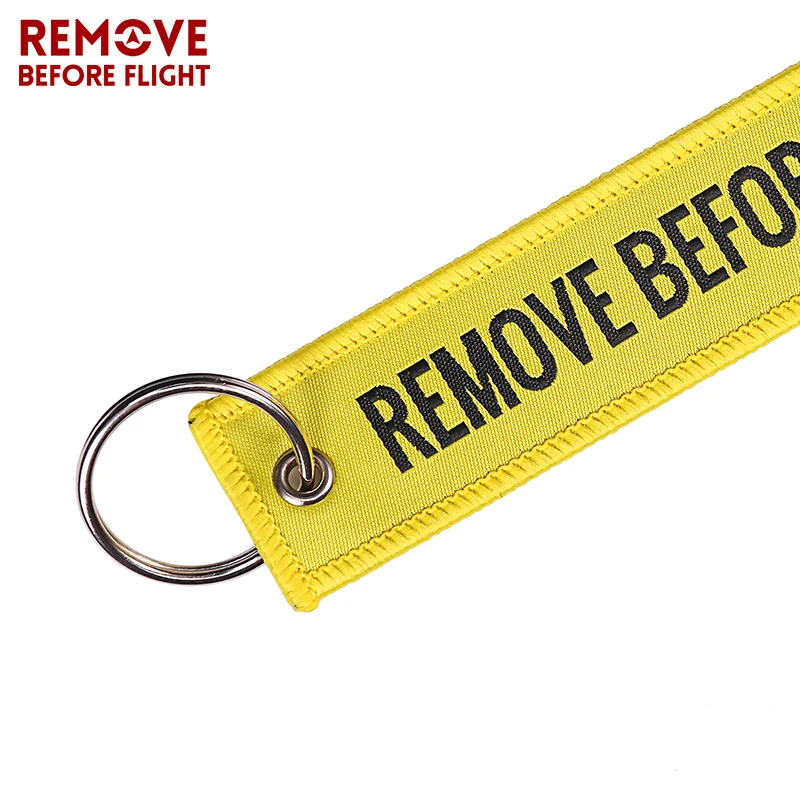 1PC Remove Before Flight Yellow with Black Letters Woven Keychain Aviation Gifts Cool Key Chains for Car Keys Motorcycle Tag FOB