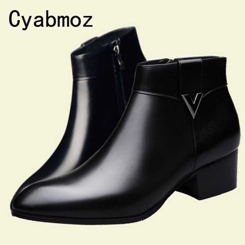 Mens Thick High Heels Boots Pointed Toe Genuine Leather Men Dress Shoes Fashion Cowboy Boots Classic Black Buckle Ankle Booties