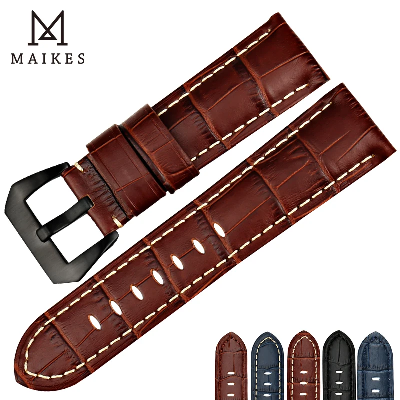 MAIKES New design watchbands 22 24 26mm watch accessories bracelet genuine leather strap watch band black buckle for Panerai