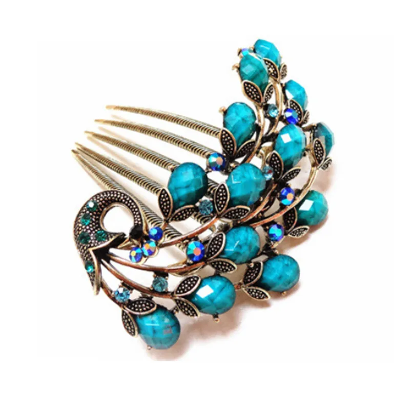 Top Quality 5 Color Resin Crystal Beautiful Peacock Hair Combs Wedding Hair Jewelry Retro Gold Color Hairpin For Women Girl Gift