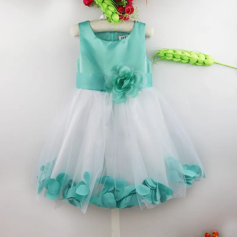 Vestido infantil de sem mangas com pétalas de flores, vestido formal de tule para casamento e festas de aniversário e primeira comunhão