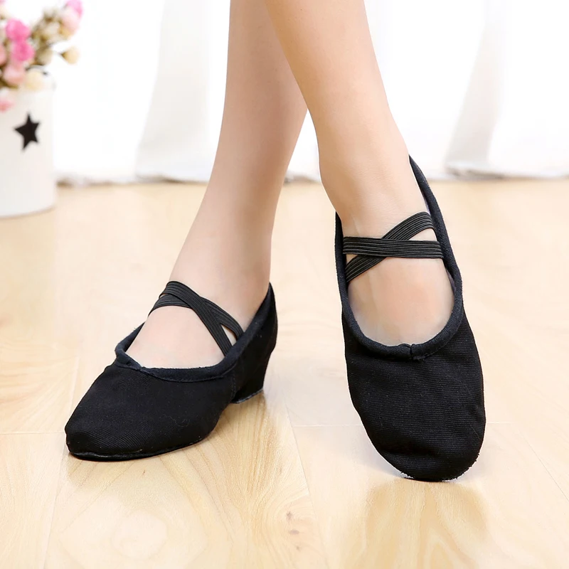 New Arrival Women\'s Canvas Leather Dance Shoes Square Low Heel Practice Shoes Ladies Ballet Dancing Shoes 4 Color Optional