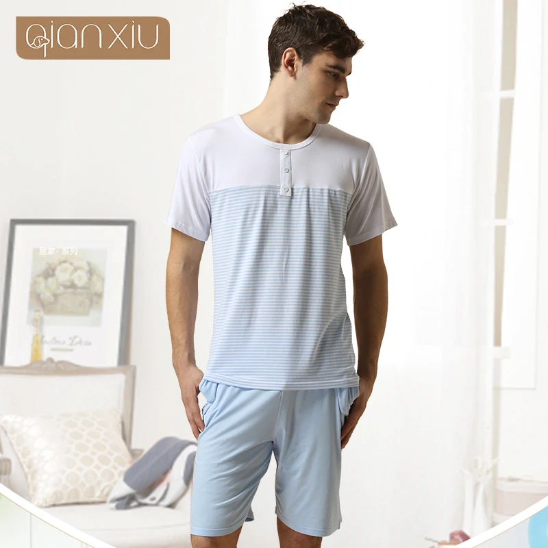 Zomer Mannen Casual Gestreepte Pyjama Sets Mannelijke 95% Katoen Nachtkleding Pak Korte Mouw O-hals Kraag T-shirt & Halve Broek thuis Doek