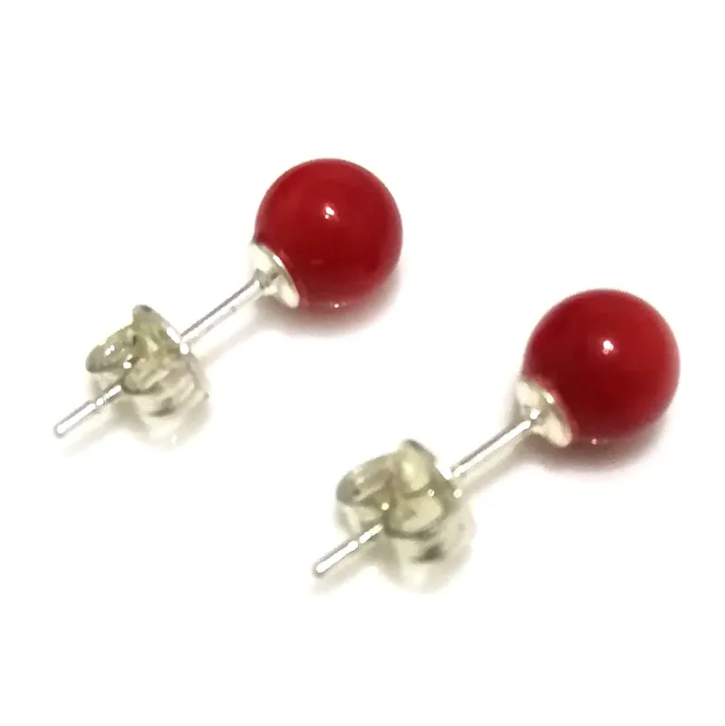 6-7mm Red Natural Round Coral Earring With 925 Sterling Silver Stud