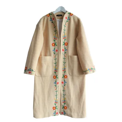 LYNETTE'S CHINOISERIE Spring Autumn Women Camel Flower Embroidery All-match Loose Casual Oversize Sweater Overcoat Outerwear