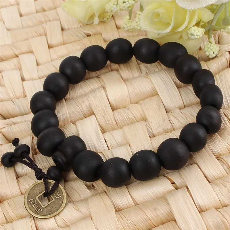 2022 Black Wood Buddha Beads Buddhist Tibet Rosary Bracelets Black Fairy Peach Tree Copper Coin Beads Bracelet Accessories