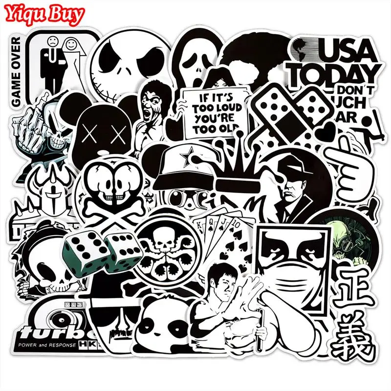 50 Pcs Black and White Sticker for Car Styling Guitar Luggage Fridge Toy Vinyl Decal Home decor DIY Graffiti Waterproof Stickers