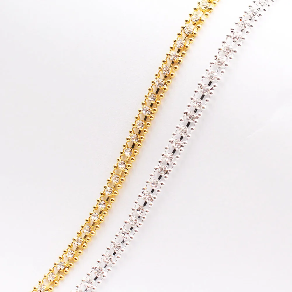 New 1 yards/lot Gold Base Rhinestones Chain 3 Rows Crystals And Stones Glass Cup Chain Glue-on Sewing Rhinestones For Clothes