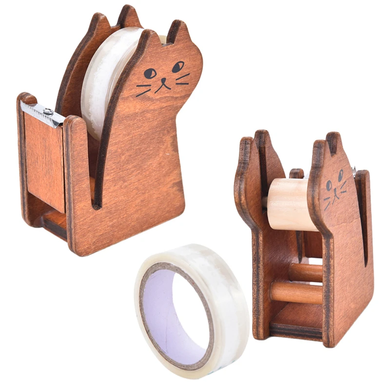 Peerless Coffee Color Cartoon cat wooden tape Dispenser Tape holder