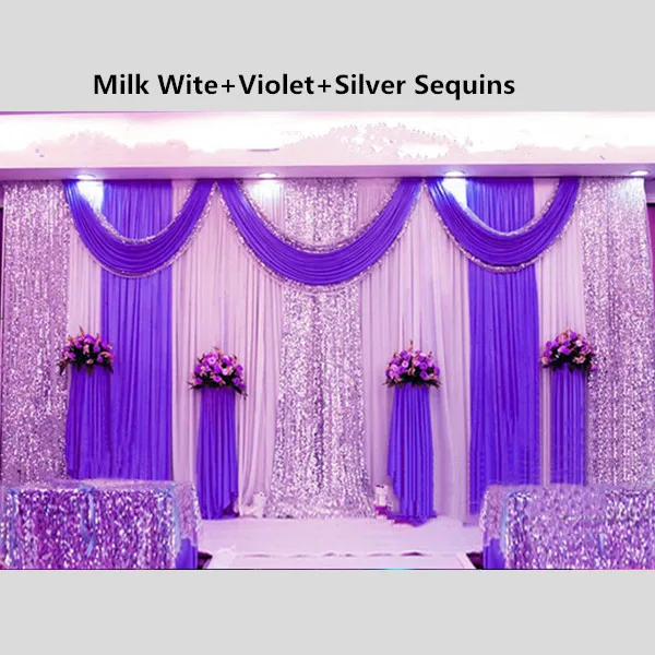 Ice Silk White Wedding Backdrop Curtain with Purple Sequins Swag 3x6m(10ftx20ft) Wedding Background for Wedding Party Decor