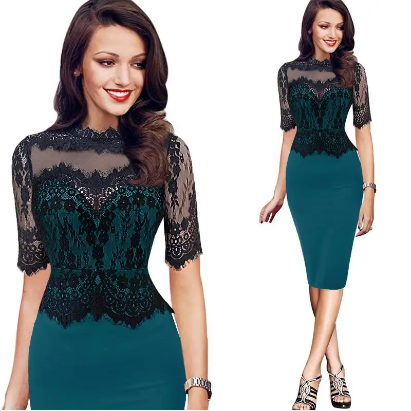 Green pink female lace dress dress stitching collar collar sexy hollow pencil dress in the sleeves Slim height waist dress