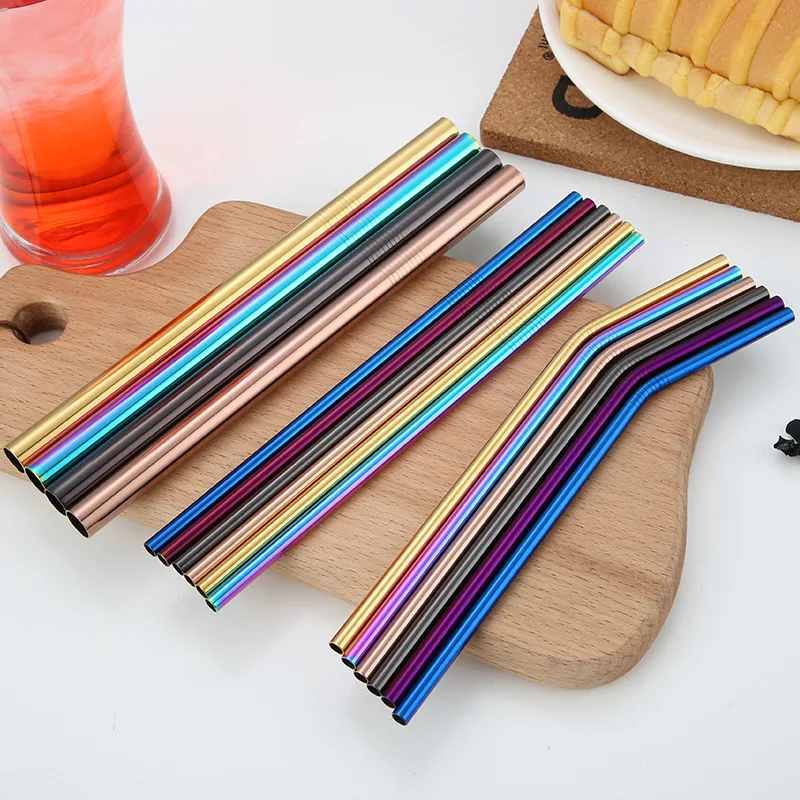 50pcs Straight Bend Steel Straw Juice Drinking Straw Bar Tools Colorful 6x215mm