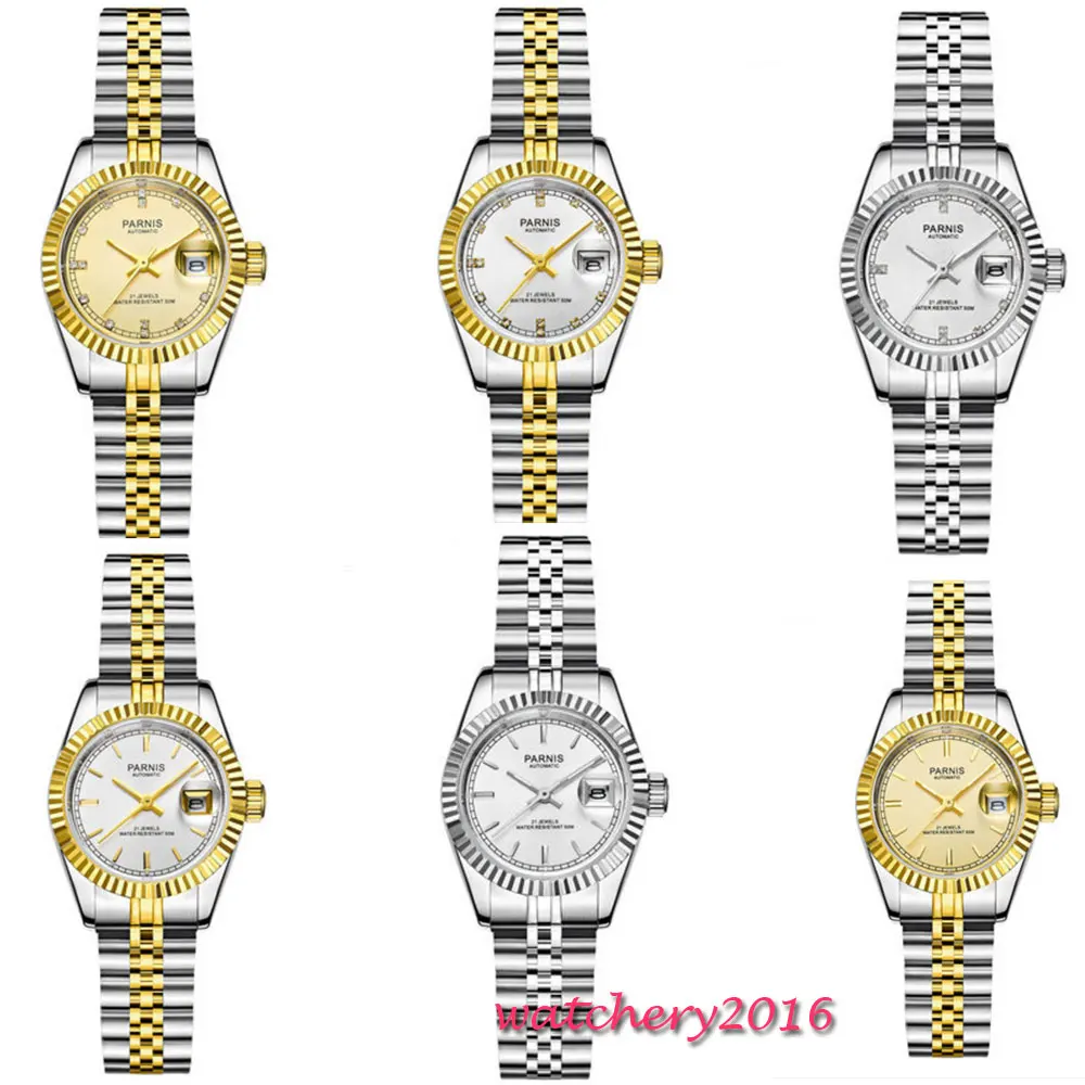 26mm Parnis White Diamond Dial Sapphire Glass Date Ladies Watches Royal Rhinestones Miyota Automatic movement Womens Watch