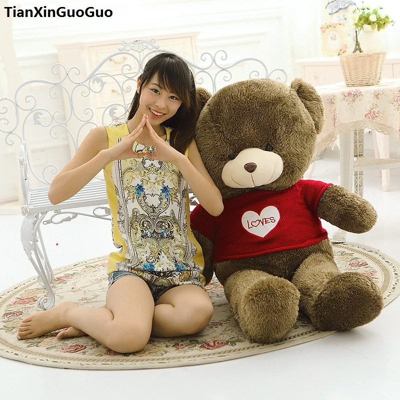 

huge 120cm brown teddy bear plush toy loves red sweater bear soft doll hugging pillow birthday gift s0920