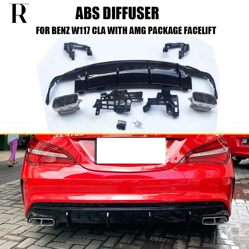 C117 ABS Glossy Black Rear Bumper Diffuser with Exhaust Tips for Benz W117 CLA200 CLA260 CLA45 With Amg Package 13 - 19