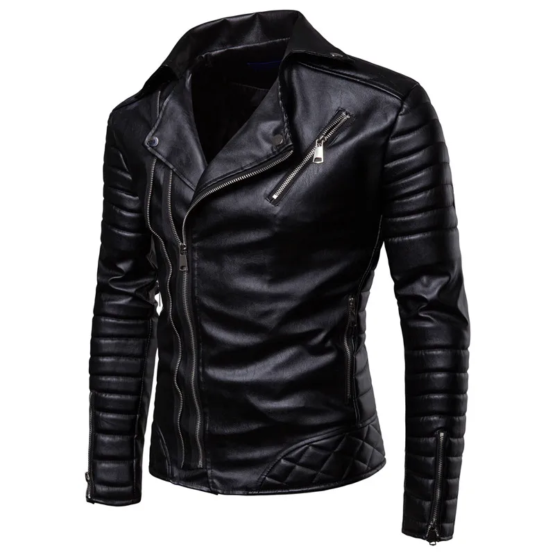 2024 Leather Jacket for Men Autumn Winter Fashion Zipper Long Sleeve Black PU Faux Leather Motorcycle Biker Coat Men Plus Size