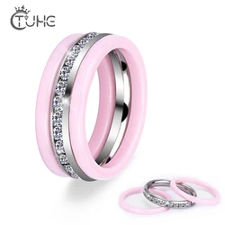 Juego de 3 anillos de cerámica de acero inoxidable para mujer, anillos con cristal brillante púrpura, rosa, azul, negro y blanco, regalo de boda y Navidad