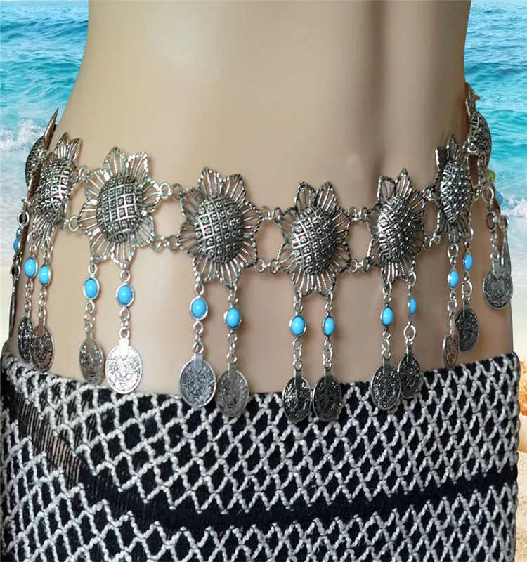 2019 NEW Women lady Tribal Accessories Coin Hip Scarf Belt belly dance Waist Chain Indian Dancing Silver belt with coins flower