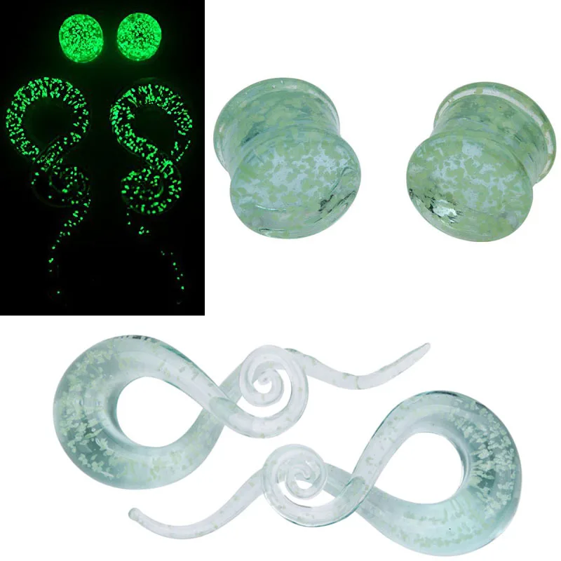 4 pcs/lot Glow in Dark Glass Ear Spiral Taper Gauge Ear Plug and Tunnels Green Glass Ear Stretching Expander Piercing Jewelry