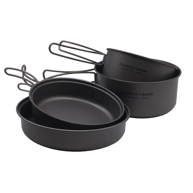 FLAME'S CREED Ultra Titanium Pan Outdoor Camping Titanium Mangkuk Set Pegangan Lipat Peralatan Masak CKW750ML