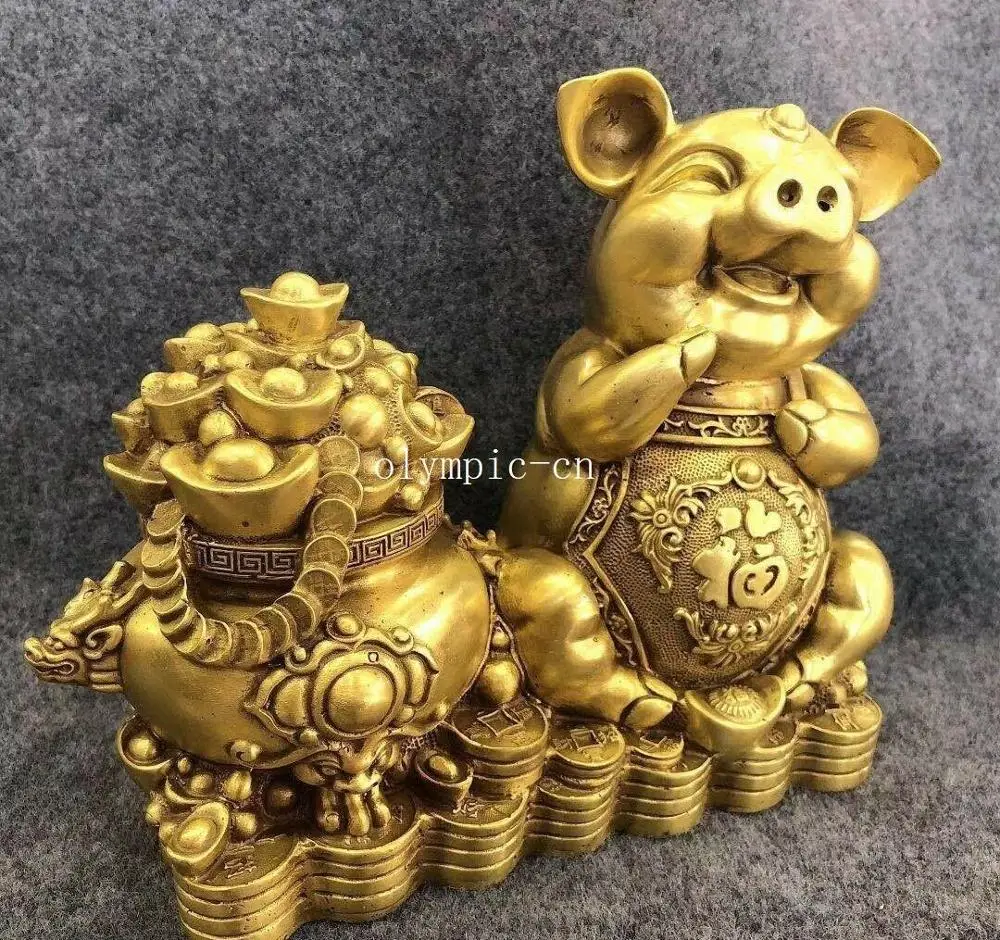 11'' brass copper home fengshui cornucopia treasure wealth auspicious animal pig