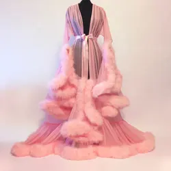Mingli Tengda Bridal Boudoir Robe Purple Feather Bridal Sheer Robe Tulle Illusion Long Wedding Party Feather Robe Costume Cloak