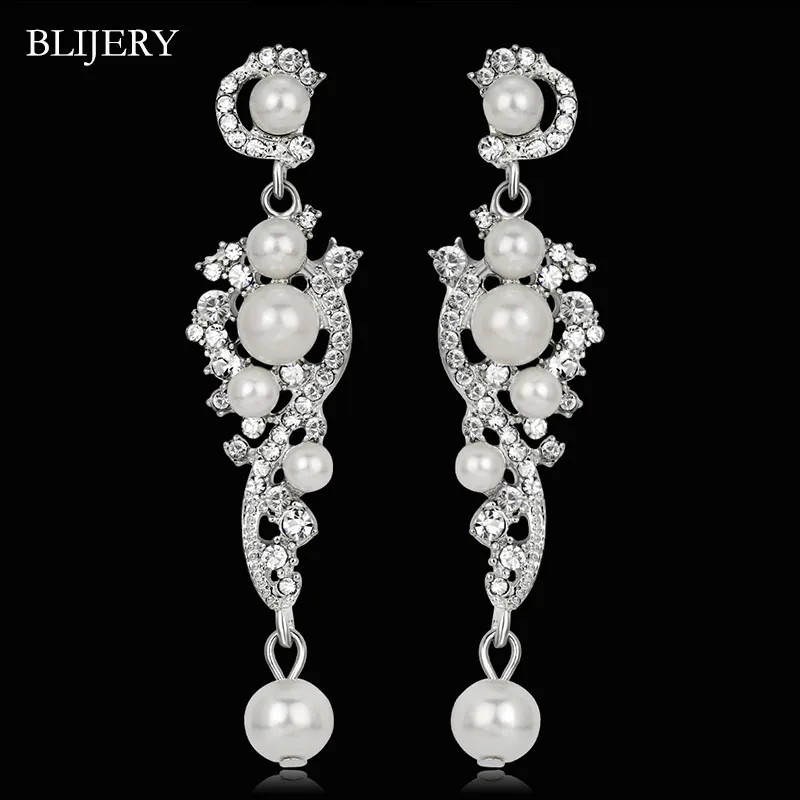 BLIJERY Elegant Simulated Pearl Long Drop Earrings Silver Color Crystal Floral Bridal Dangle Earrings for Women Wedding Jewelry