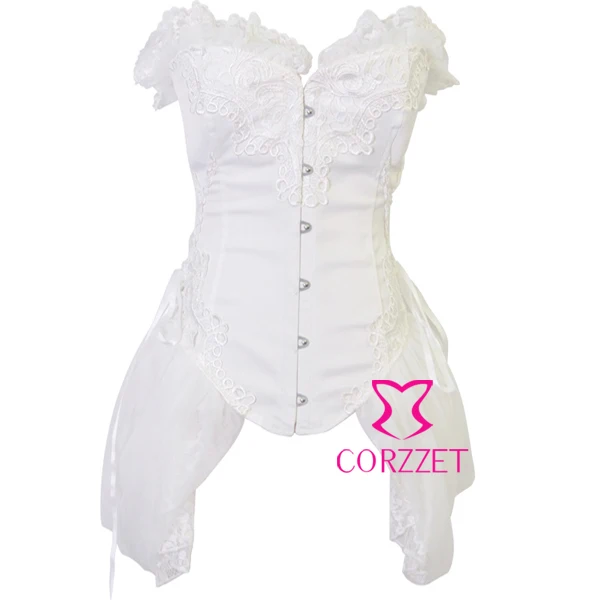 High Fashion Ruffles With Lace Satin Boned Lace up Back Burlesque Corset Dress Body Building White Bustier Matching Thong S-XXL