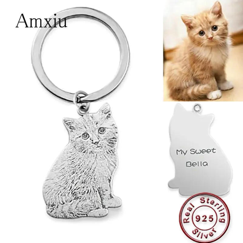 Amxiu Custom Pets Photo Key Chain Dog Cat Picture Pendant 925 Sterling Silver KeyChains Engraved Names Keychain For Men Jewelry