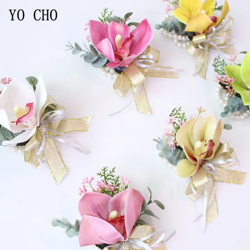 YO CHO Groom Men Boutonniere White Magnolia Brooch Plant Corsage and Diamond Pearl Bride Wrist Flowers Wedding Decor Silk Flower