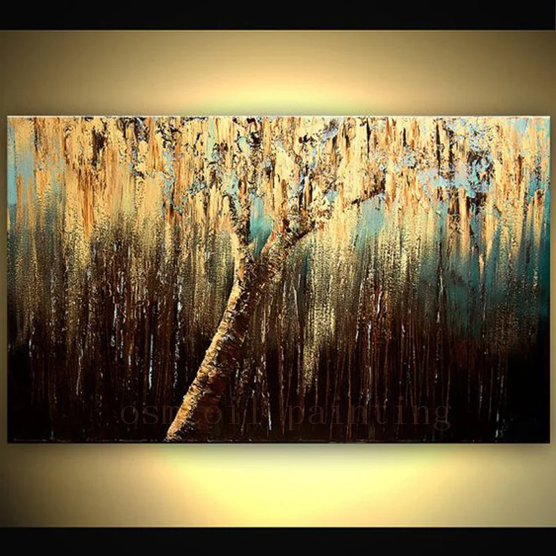 Hand-painted Modern Abstract Art and Architecture Weeping Willow Tree Decorative Handmade Wall Ar Gold Tree Canvas Oil Painting