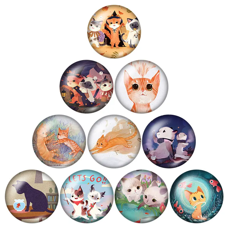 Lovely Cartoon Cats beauty 10pcs 12mm/18mm/20mm/25mm Round photo glass cabochon demo flat back Making Finals