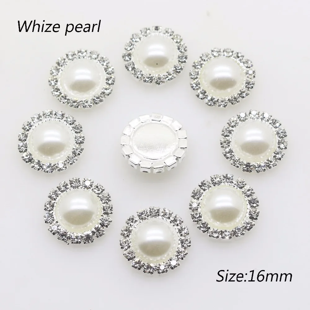 Commercio all\'ingrosso 50 pz/lotto 16mm (bianco/avorio) argento Flatback perla strass bottoni abito da sposa invito decorazione dei capelli