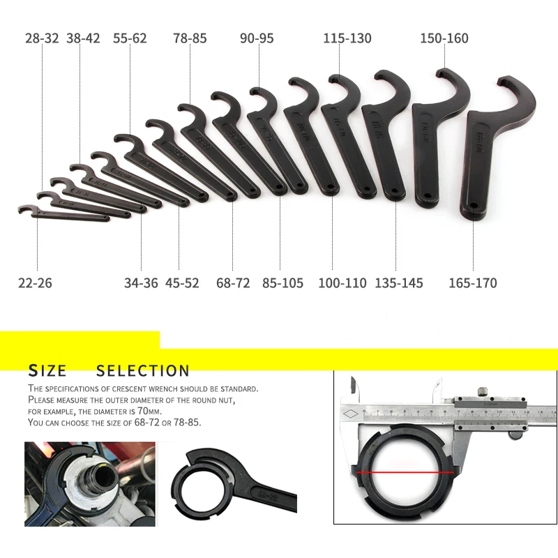 1pcs Round Nut Hook Spanner Mill Holder Half Moon Wrench 22-26 34-36 38-42 45-52 55-62 85-105 90-95 165-170