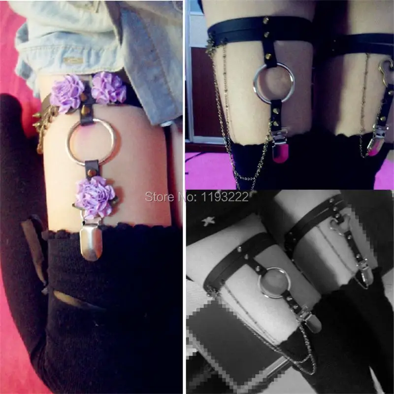 New Sexy Harajuku Handmade Leg Garter, Faux Leather Flower Chian Garter Belt, Punk Goth Studded Rivet Flower Leg Loop